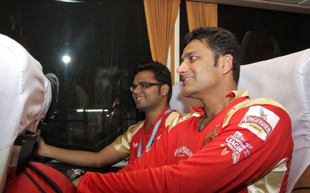 With Anil Kumble on the team bus