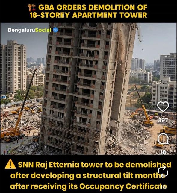 An Instagram post headlined GBA orders demolition of 18-storey apartment tower, showing an AI-generated tower crumbling into rubble with cranes all around, captioned SNN Raj Etternia tower to be demolished.