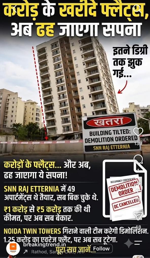 A Hindi reel graphic headlined Flats bought for crores, now the dream will collapse, over a leaning tower with a danger sign reading Building tilted, demolition ordered, SNN Raj Etternia.
