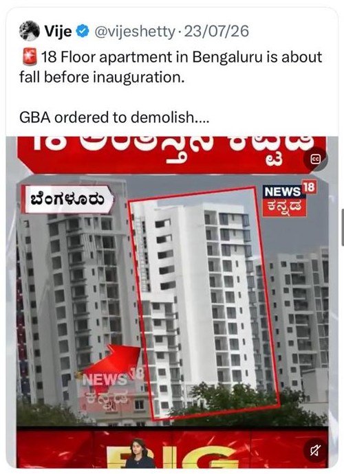 A tweet reading 18 floor apartment in Bengaluru is about fall before inauguration, GBA ordered to demolish, over a News18 Kannada frame where an upright white tower sits inside a tilted red box with a red arrow pointing at it.